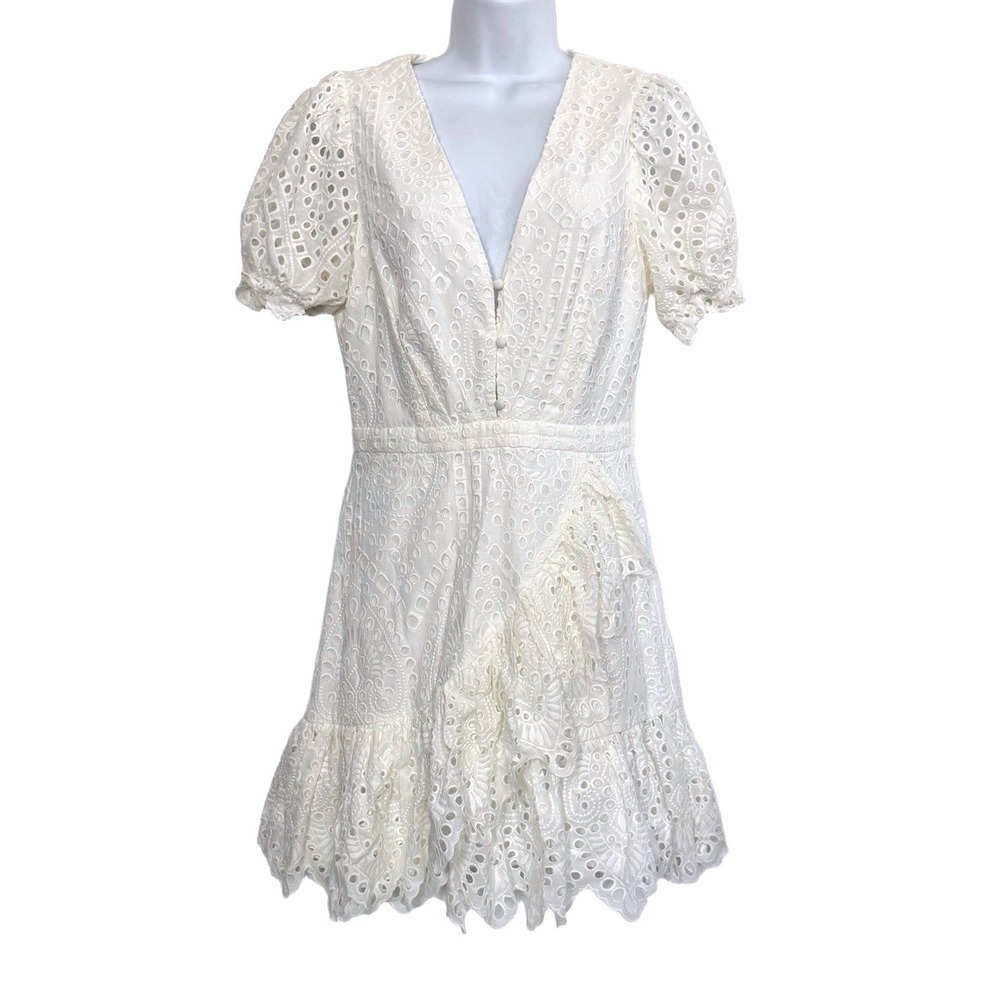 Yumi Kim Eyelet Mini Dress Size S Ruffle Puff Sleeve White Garden Romance Cotton